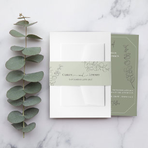 Minimalist handdrawn leaves sage green wedding invitation belly band