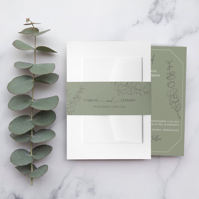 Minimalist handdrawn leaves sage green wedding invitation belly band (Creator Uploaded)