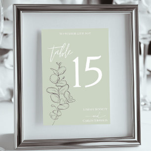 Minimalist handdrawn leaves sage green wedding table number