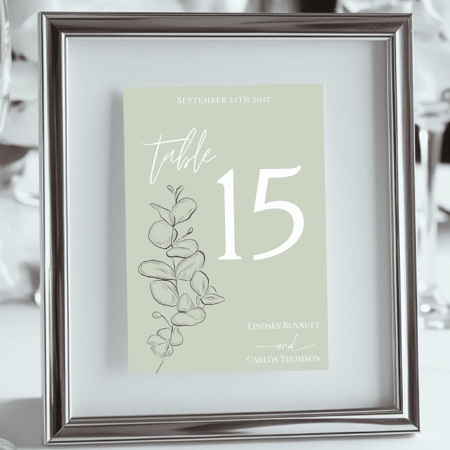 Minimalist handdrawn leaves sage green wedding table number (Creator Uploaded)