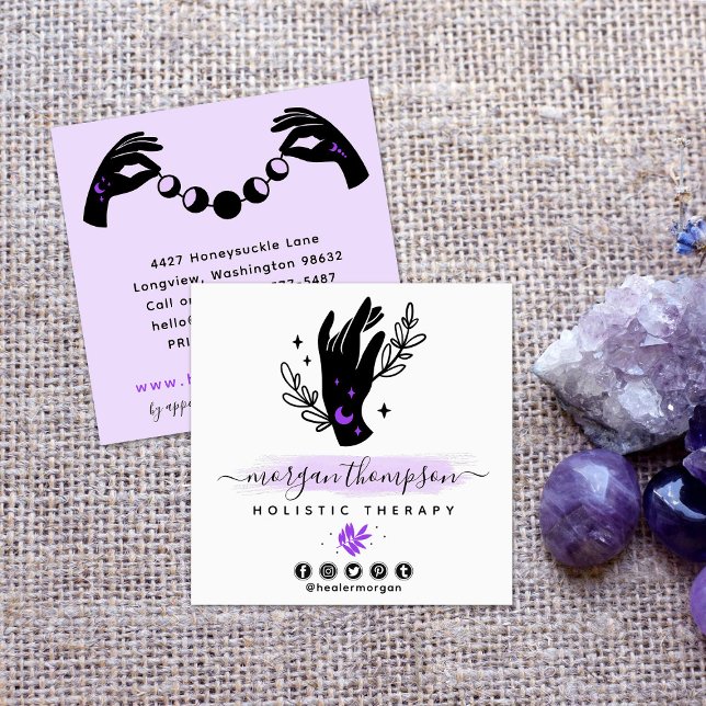 Minimalist Hands & Moon Phases Metaphysical Reiki Square Business Card (Creator Uploaded)