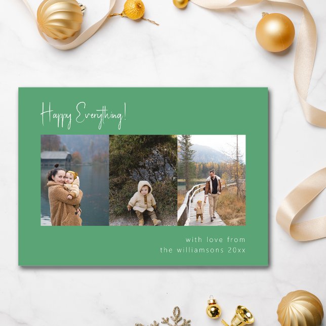 Minimalist Handwritten Green Multi Photo Four Holiday Card (Creator Uploaded)