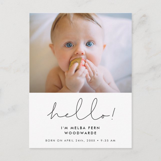Minimalist handwritten Hello new baby photo Postcard (Front)