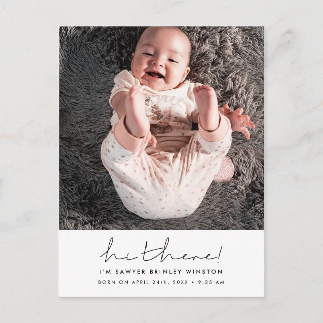 Minimalist handwritten Hi there new baby photo Postcard (Front)