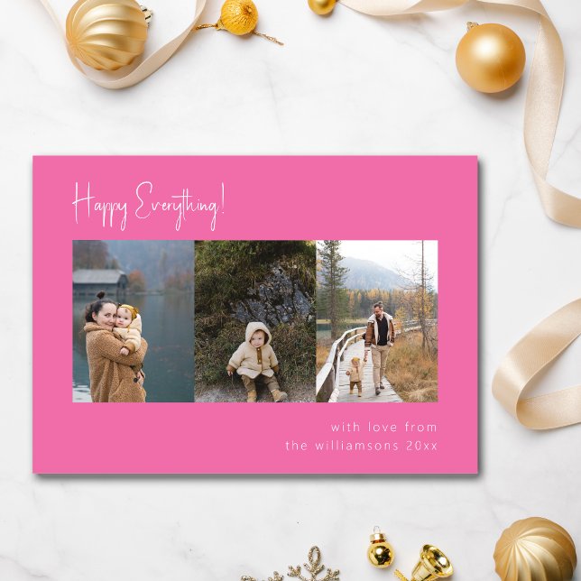 Minimalist Handwritten Hot Pink Multi Photo Four Holiday Card (Creator Uploaded)
