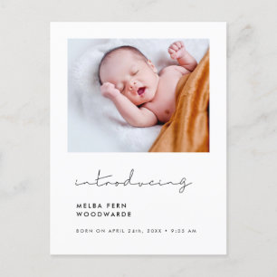 Minimalist handwritten Introducing new baby photo Postcard