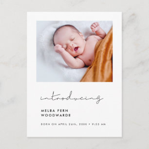 Minimalist handwritten Introducing new baby photo Postcard