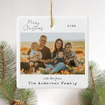 Minimalist Handwritten Merry Christmas Photo Ceramic Ornament<br><div class="desc">Happy Holidays! Send your warm wishes to friends and family this Christmas season with a personalised photo Christmas ornament. It features minimalist handwritten script and vintage typewriter typography. Make your own by adding a custom photo,  names,  year and other details. This minimal Christmas ornament is available in other colours.</div>