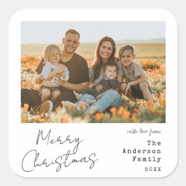 Minimalist Handwritten Merry Christmas Photo Square Sticker (Front)