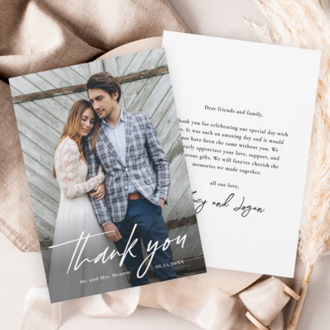 Minimalist Handwritten Photo Wedding Thank You Card (Minimalist handwritten wedding photo thank you cards.)