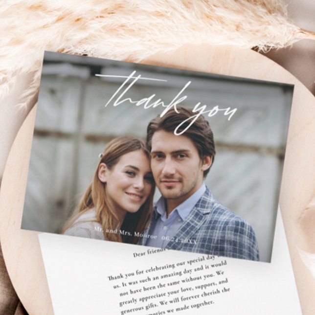 Minimalist Handwritten Photo Wedding Thank You Card (Modern handwritten script simple wedding photo thank you card.)