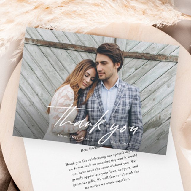 Minimalist Handwritten Photo Wedding Thank You Card (Modern handwritten script simple wedding photo thank you card.)