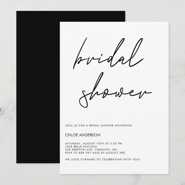Minimalist Handwritten Script Black Bridal Shower Invitation (Front/Back)