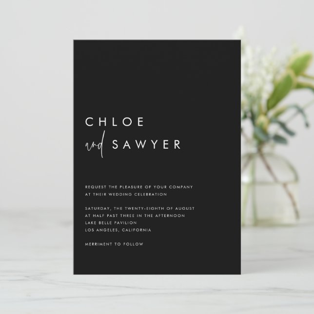 Minimalist Handwritten Script Black Modern Wedding Invitation (Standing Front)