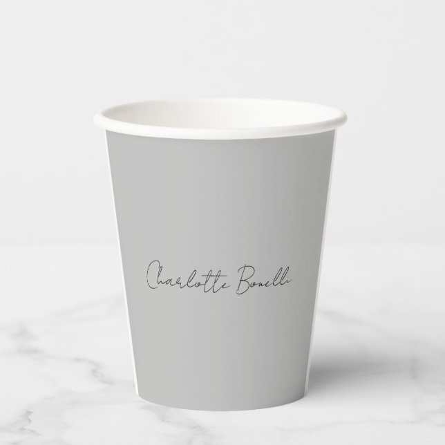 Minimalist Handwritten Script Name Grey Paper Cups (Front)