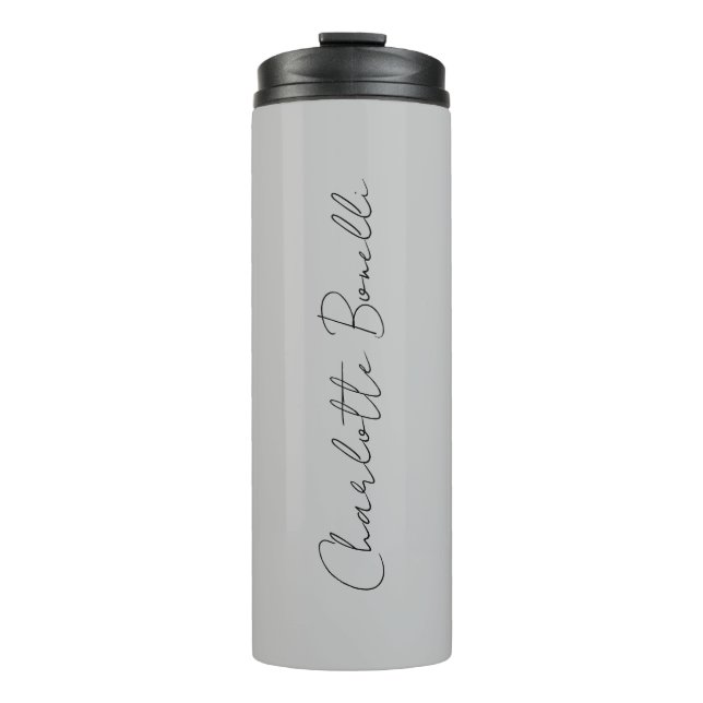 Minimalist Handwritten Script Name Grey Thermal Tumbler (Front)