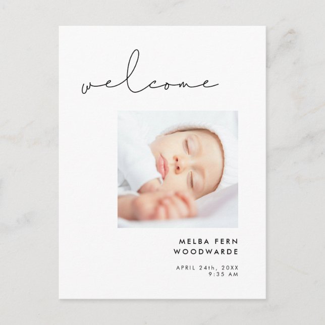 Minimalist handwritten Welcome new baby photo Postcard (Front)