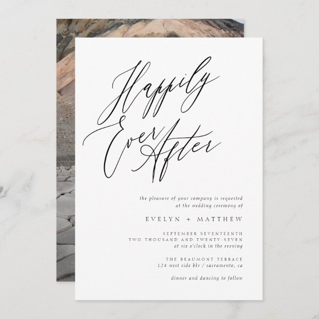 Minimalist Happily Ever After Script Photo Wedding Invitation (Front/Back)