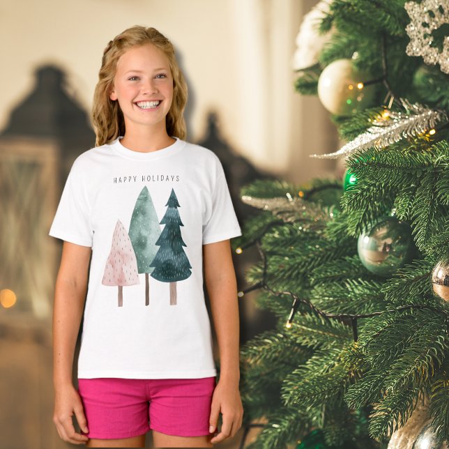 Minimalist Happy Holiday Watercolor Trees T-Shirt (Creator Uploaded)