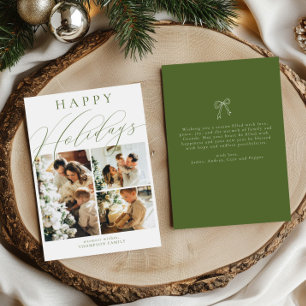 Minimalist Happy Holidays 3 Photo Bow Olive Green Holiday Card