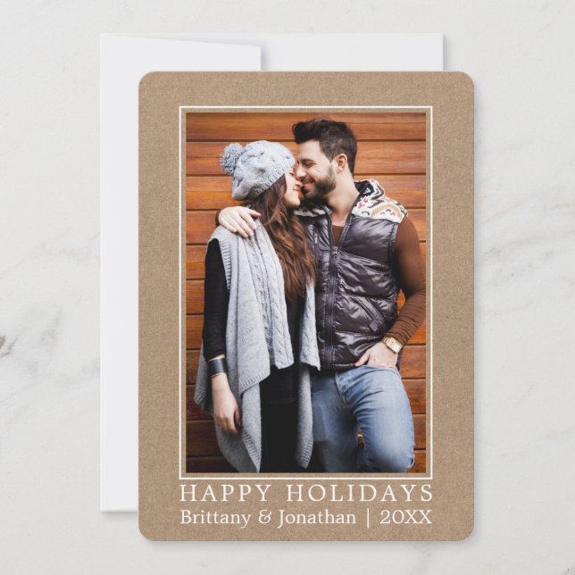 Minimalist Happy Holidays Couple Photo Kraft Holiday Card (Front)