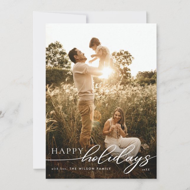 Minimalist Happy Holidays Script | Custom Photo  Holiday Card (Front)