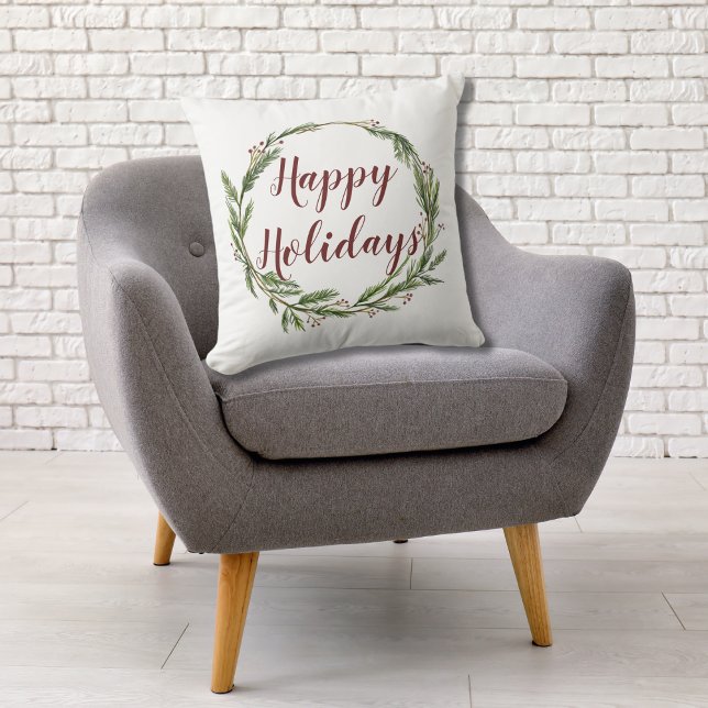 Minimalist Happy Holidays Watercolor Pine Wreath Cushion (Creator Uploaded)