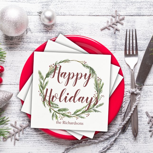 Minimalist Happy Holidays Watercolor Pine Wreath Napkin (Creator Uploaded)