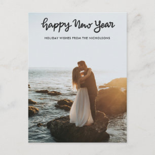 Minimalist Happy New Year Handwritten Script Photo Holiday Postcard