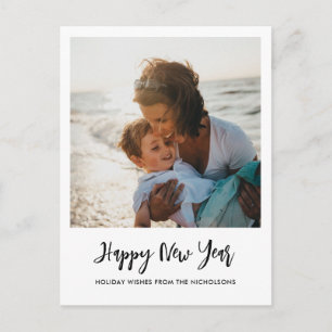 Minimalist Happy New Year Modern Script Photo Holiday Postcard