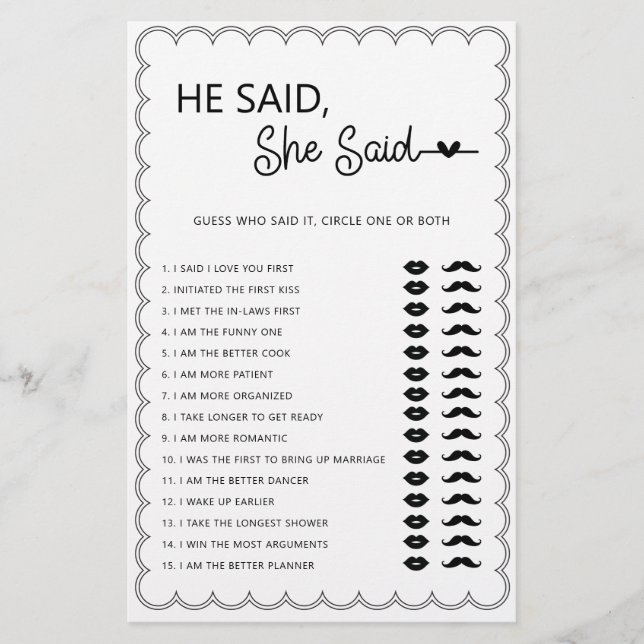 Minimalist he said she said bridal shower game fly flyer (Front)