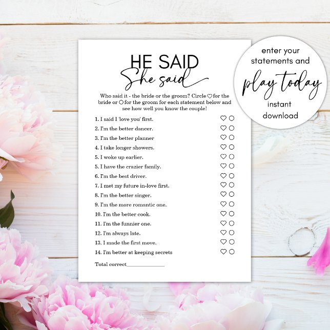 Minimalist He said She Said Bridal Shower Game  Invitation (Creator Uploaded)