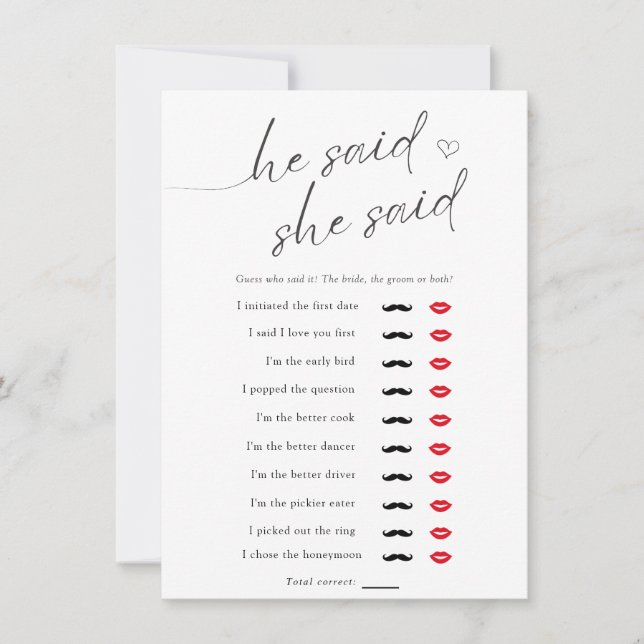 Minimalist He said, She said Shower Game Card (Front)