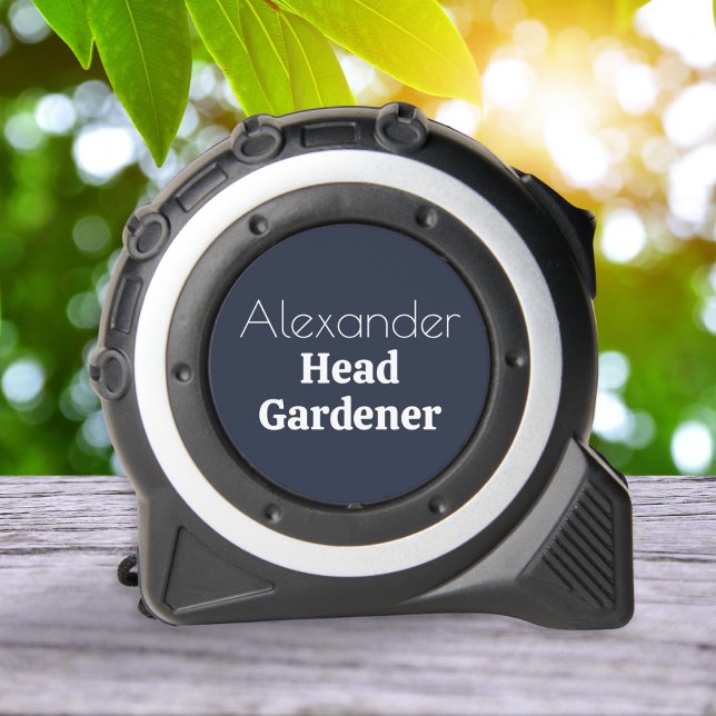 Minimalist Head Gardener Gardening Blue Measuring 1 (A stylish measuring tape with 'Head Gardener' words in white on navy blue, personalized with a name)