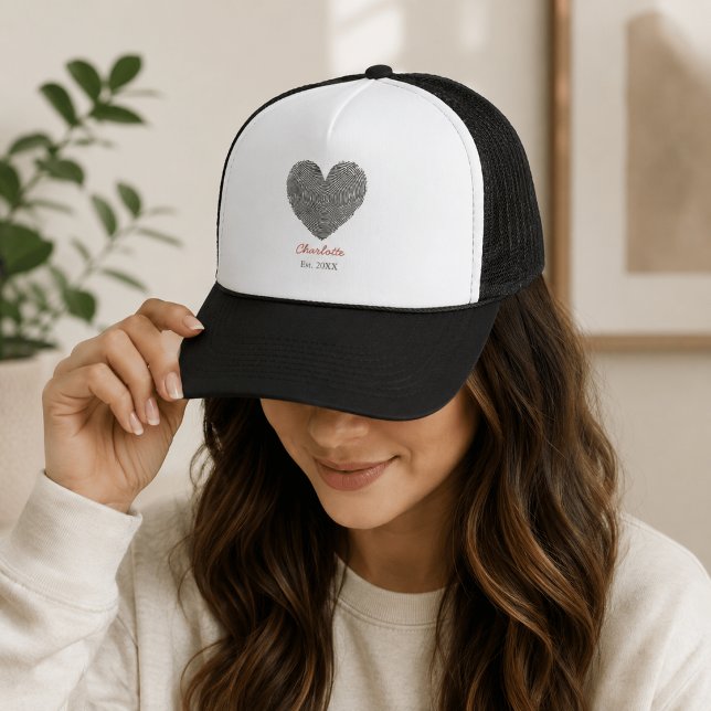 Minimalist Heart Fingerprint Personalised Name Trucker Hat (Creator Uploaded)