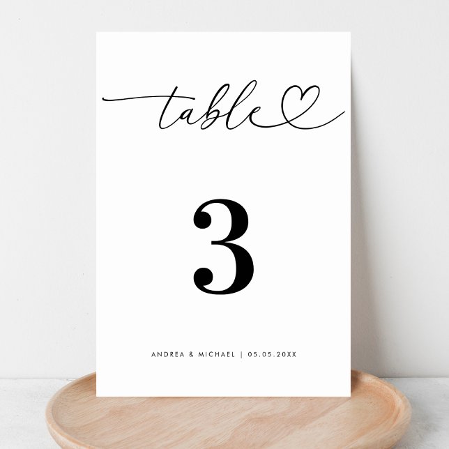 Minimalist Heart Script Black and White Wedding    Table Number (Creator Uploaded)