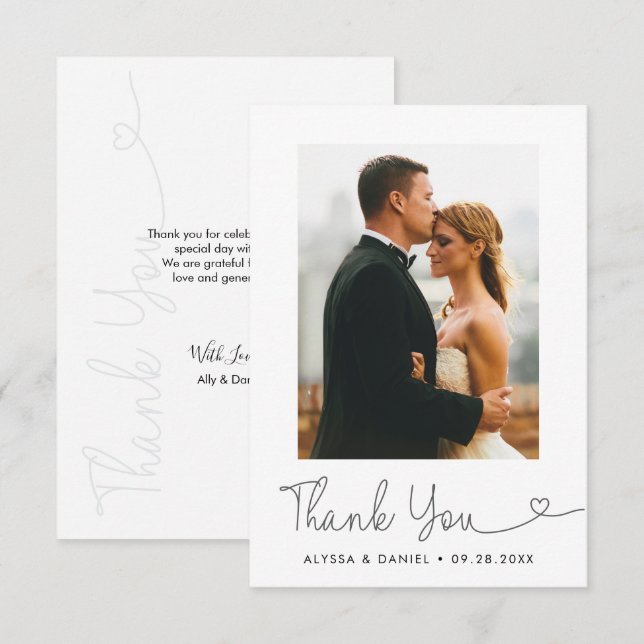 Minimalist Heart script thank you Wedding Photo Card (Front/Back)