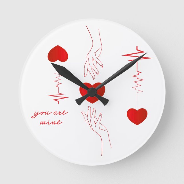 Minimalist Heartbeat and Hands Love Mug – Romantic Round Clock (Front)