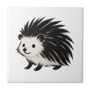 Minimalist Hedgehog – Black Ink Animal Design on Tile