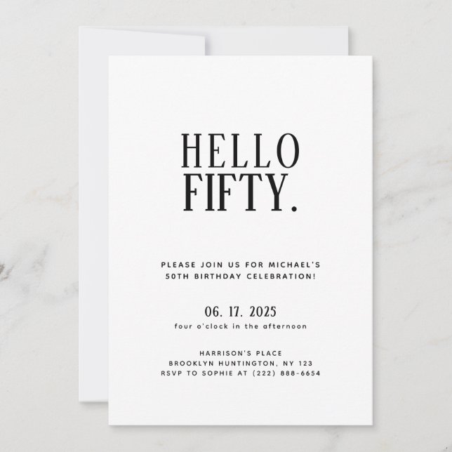 Minimalist Hello Fifty | 50th Birthday Party  Invitation (Front)
