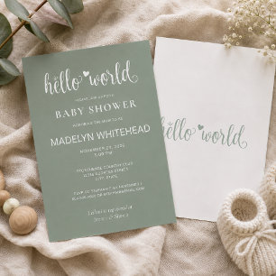 Minimalist Hello World Baby Shower Sage Green Invitation
