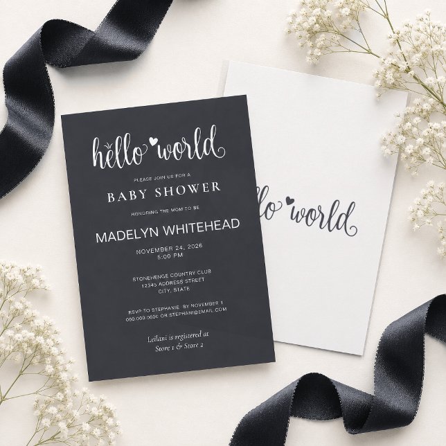 Minimalist Hello World Baby Shower Soft Black Invitation (Invite your loved ones to you baby shower with these modern Hello World minimalistic Invitations.)