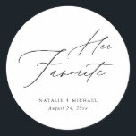 Minimalist Her Favourite Wedding Favour Treat Box Classic Round Sticker<br><div class="desc">Looking for the perfect wedding favour sticker? Look no further than our minimalist her favourite treat box sticker! With a simple and elegant design featuring classic black and white calligraphy, these stickers will add a touch of luxury to any wedding favour or treat bag. Whether you're hosting a spring or...</div>