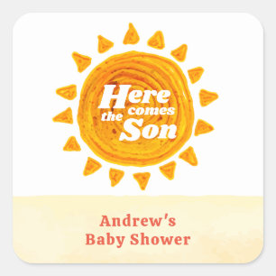 Minimalist Here Come The Son Boho Baby Shower  Square Sticker