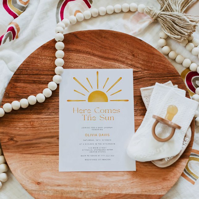 Minimalist Here Comes The Sun Retro Baby Shower Invitation (Creator Uploaded)