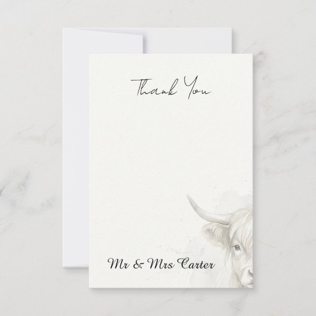 Minimalist Highland Cow Wedding Thank You Card (Front)