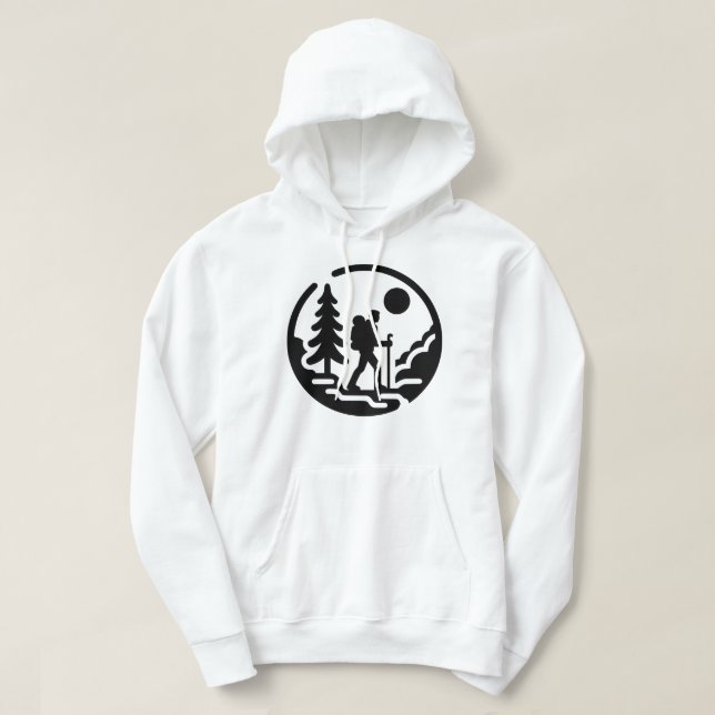 Minimalist Hiker Silhouette with Nature Scene Hoodie (Design Front)