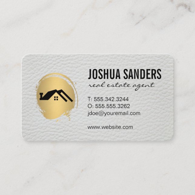 Minimalist Home Icon / Gold Brushed Faux Leather Business Card (Front)