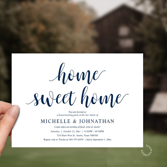 Minimalist Home Sweet Home Housewarming Party Invitation (Minimalist Home Sweet Home Modern Housewarming Party Invitation Card in Navy Blue)