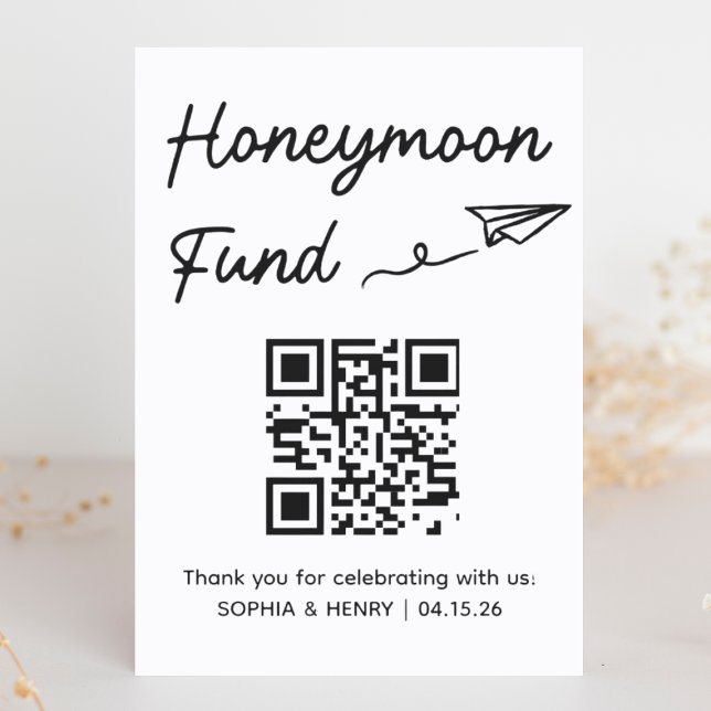 Minimalist Honeymoon Fund QR Code Wedding Sign (This sleek, minimal honeymoon fund sign with a QR code is perfect for modern tech-savvy weddings.)
